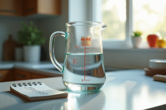 Verre mesure d'eau sur plan de travail lumineux
