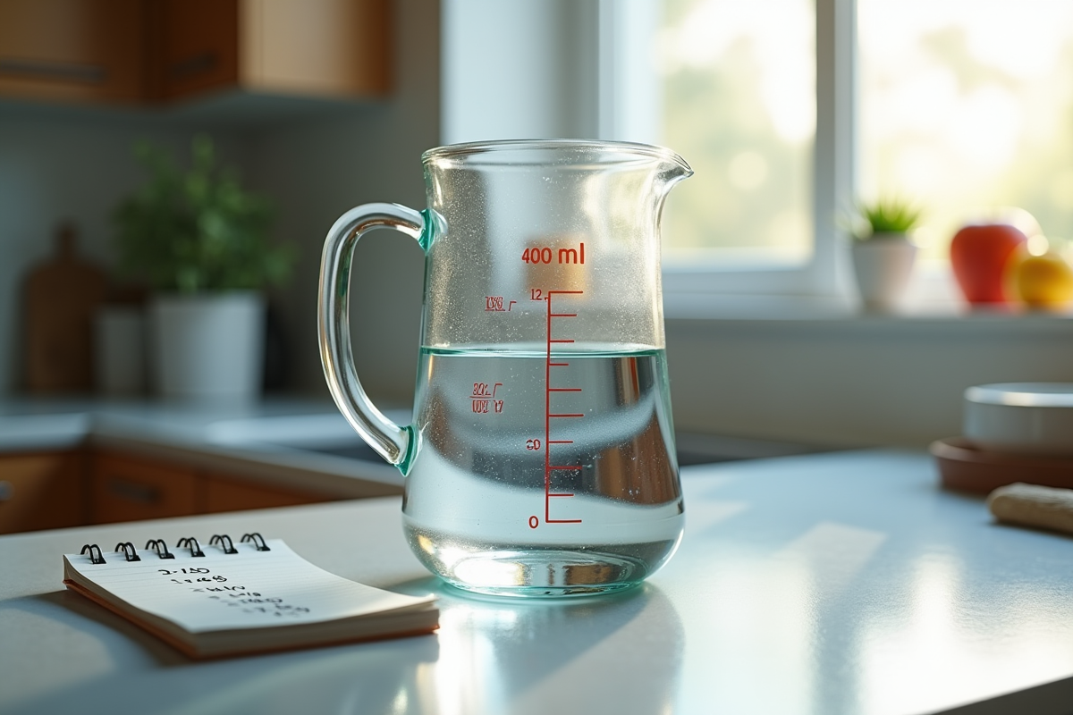 Verre mesure d'eau sur plan de travail lumineux