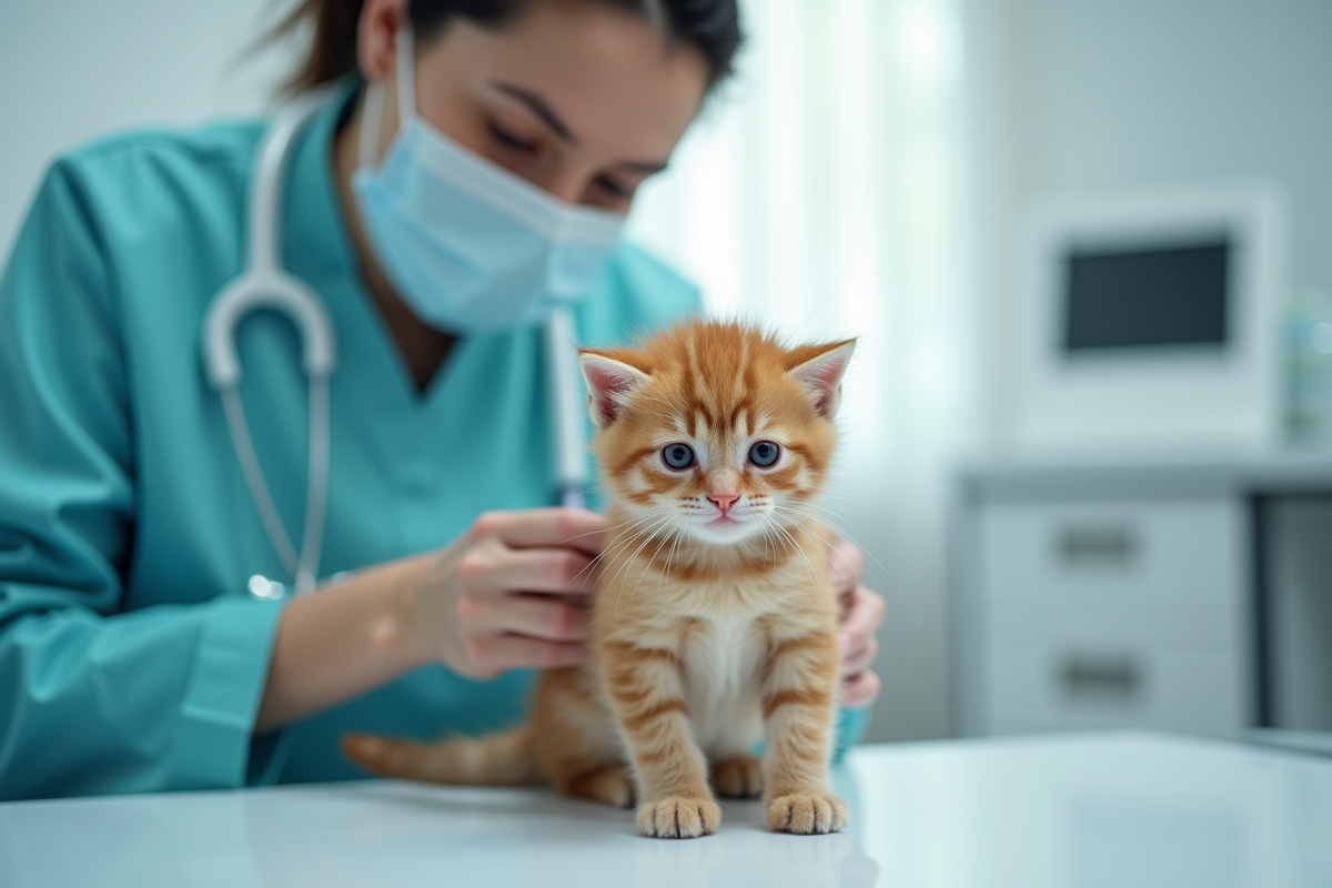 Vétérinaire examinant un chaton roux sur une table