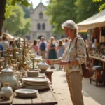 Femme parcourant les étals d'un vide grenier en plein air dans un village de l'Ain par une matinée ensoleillée