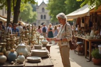 Femme parcourant les étals d'un vide grenier en plein air dans un village de l'Ain par une matinée ensoleillée