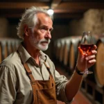Vigneron gascon inspectant un verre d'Armagnac dans une cave traditionnelle avec des fûts de chêne à Eauze dans le Gers