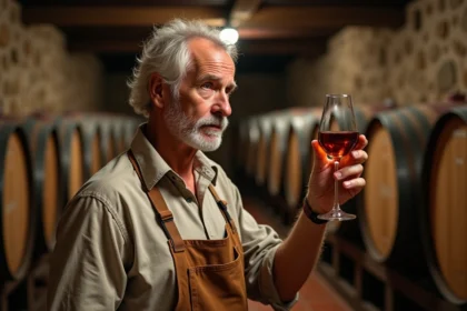 Vigneron gascon inspectant un verre d'Armagnac dans une cave traditionnelle avec des fûts de chêne à Eauze dans le Gers