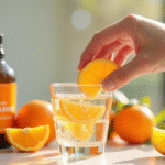 Main tenant un verre d eau avec vitamine C liposomale en dissolvant