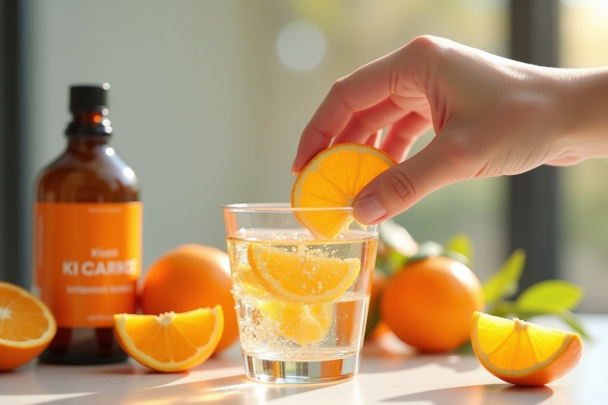 Main tenant un verre d eau avec vitamine C liposomale en dissolvant
