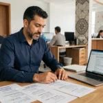 Homme marocain en bureau moderne consultant des fiches de vocabulaire professionnel français-arabe pour le travail