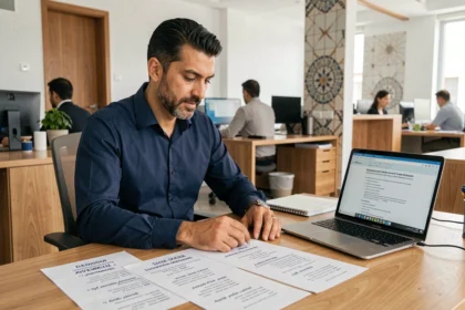 Homme marocain en bureau moderne consultant des fiches de vocabulaire professionnel français-arabe pour le travail